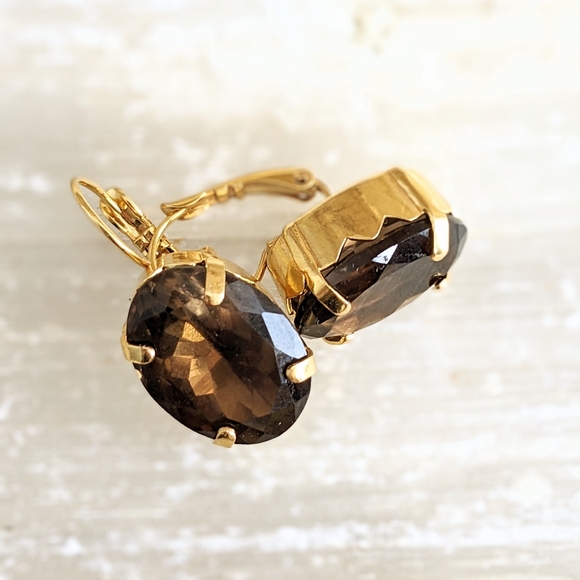 32 CT. Large Natural Brown Smoky Quartz / Topaz In Gold Plated Earrings - Picture 6 of 7